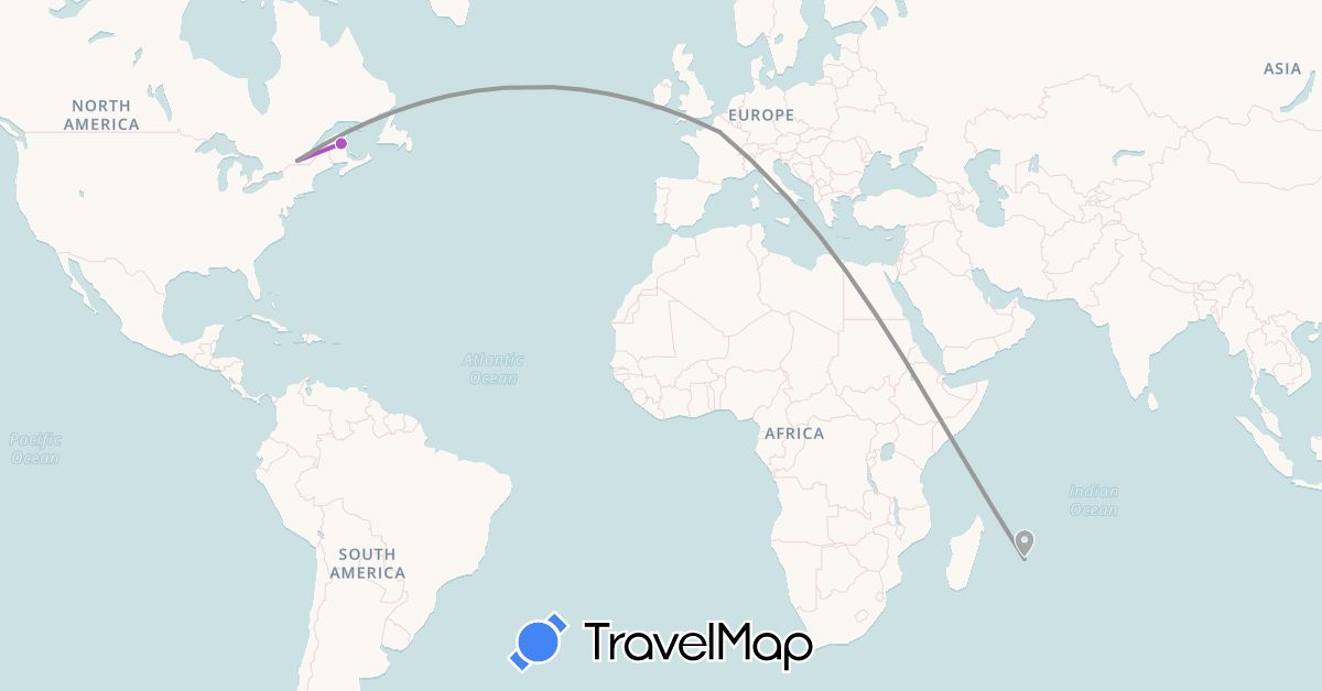 TravelMap itinerary: driving, plane, train in Canada, France, Mauritius (Africa, Europe, North America)
